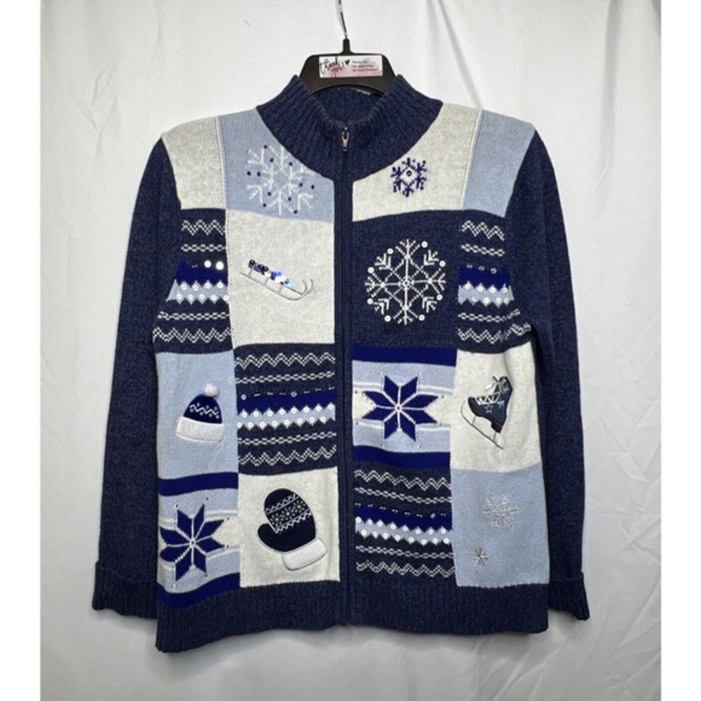 Classic Elements Blue Winter Sweater Snowflakes & Mittens -  Size‎ Medium